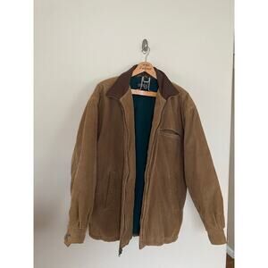 Vintage mens corduroy full zip insulated coat leather collar L warm trendy work